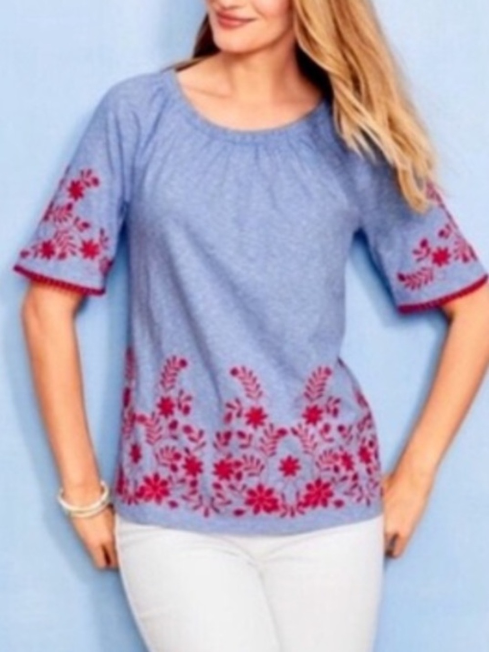 Talbots Blue Striped Embroidered Cotton Top Sz XLP